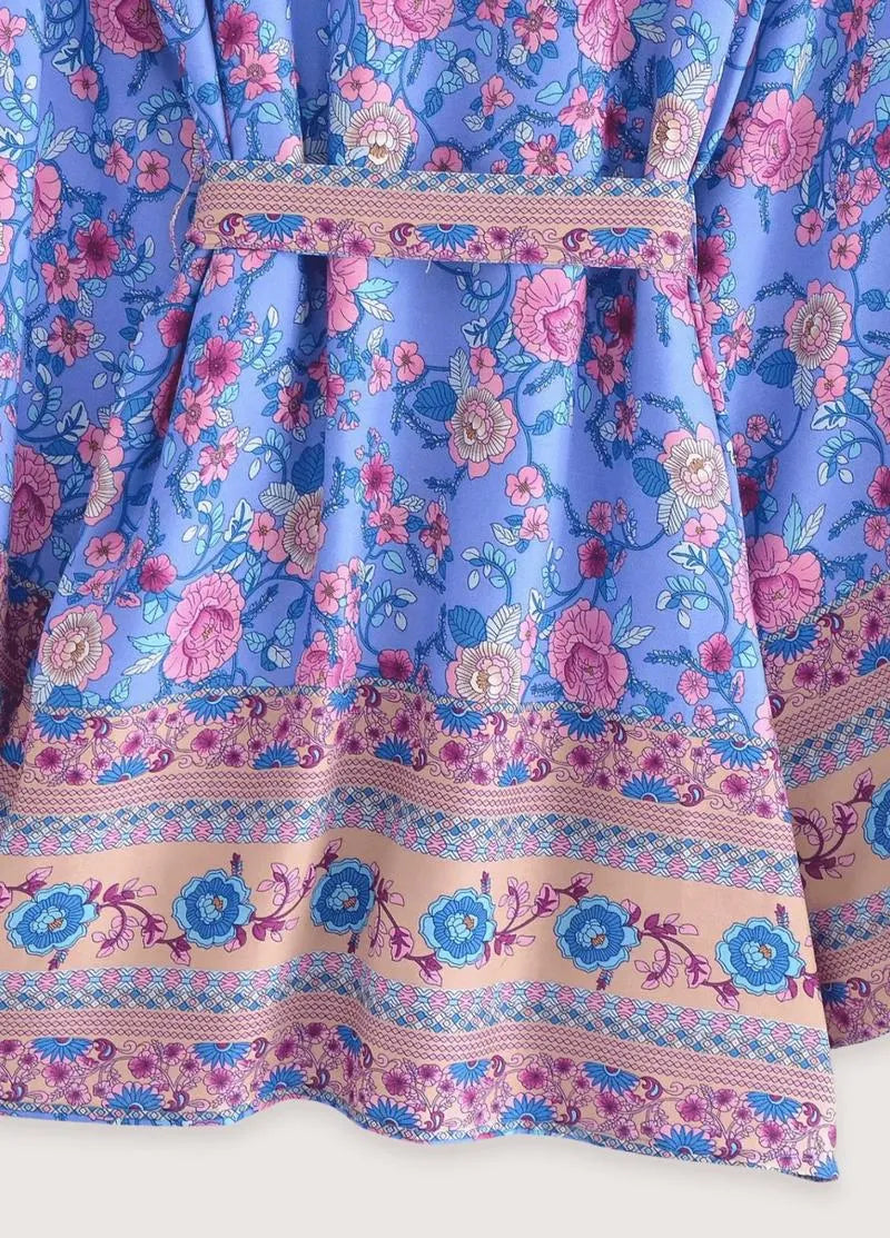 Kimono de plage court fleuri bleu - Style raffiné-Kimikono