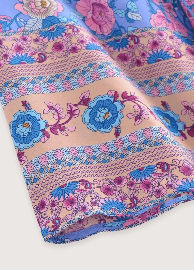 Kimono de plage court fleuri bleu - Style raffiné-Kimikono