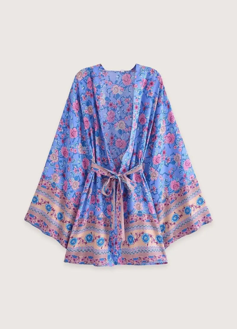 Kimono de plage court fleuri bleu - Style raffiné-Kimikono
