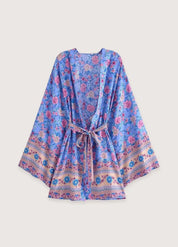 Kimono de plage court fleuri bleu - Style raffiné-Kimikono
