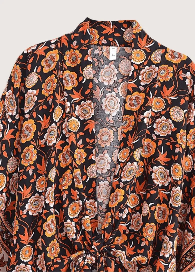 Kimono femme court fleuri orange - Bohème & chic-Kimikono