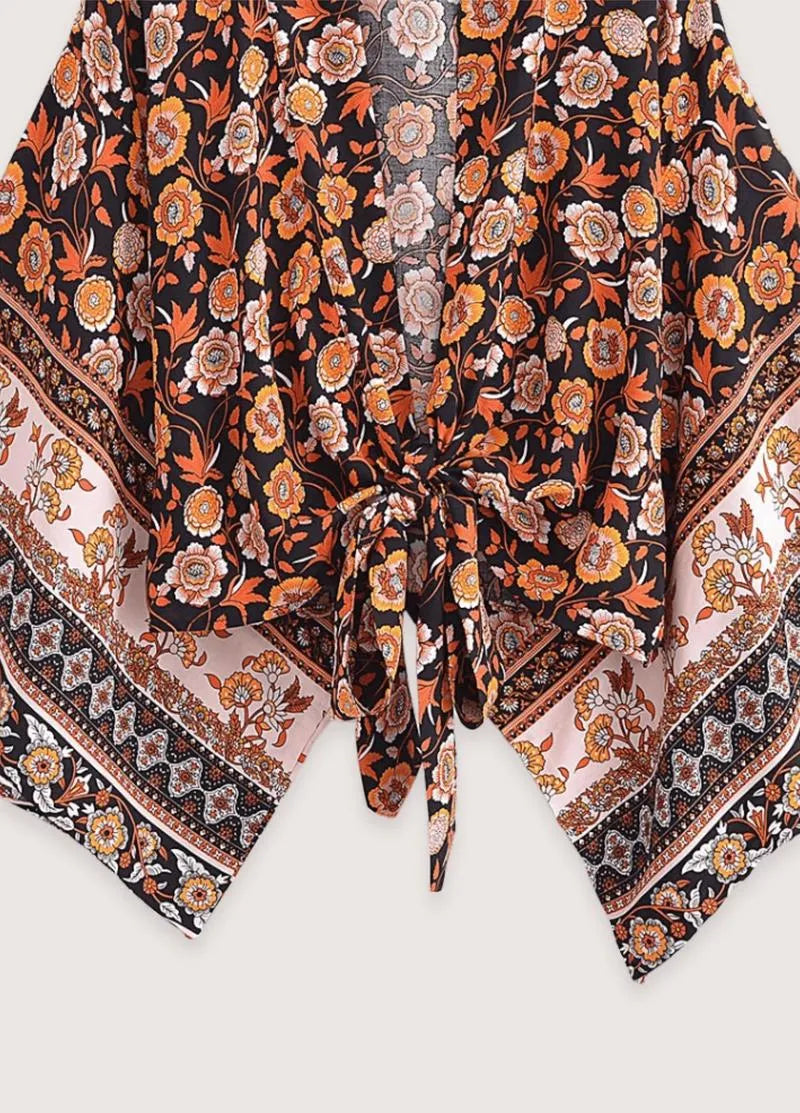 Kimono femme court fleuri orange - Bohème & chic-Kimikono