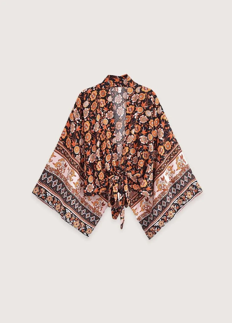Kimono femme court fleuri orange - Bohème & chic-Kimikono