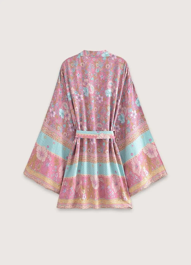 Kimono femme court fleuri rose et bleu - Style bohème-Kimikono