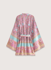 Kimono femme court fleuri rose et bleu - Style bohème-Kimikono