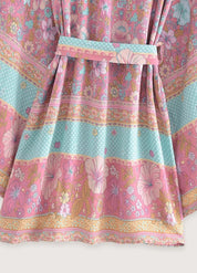 Kimono femme court fleuri rose et bleu - Style bohème-Kimikono