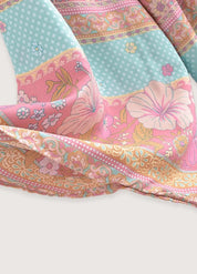 Kimono femme court fleuri rose et bleu - Style bohème-Kimikono