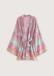 Kimono femme court fleuri rose et bleu - Style bohème-Kimikono