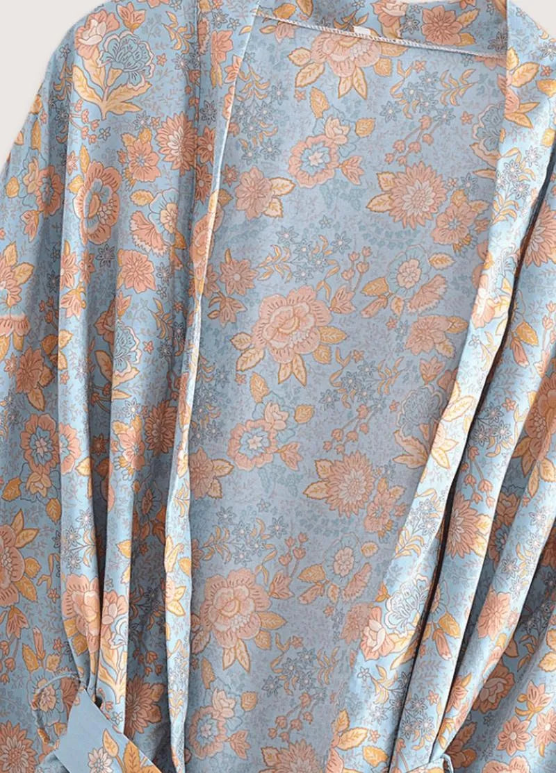 Kimono fleuri court bleu - Élégance japonaise-Kimikono