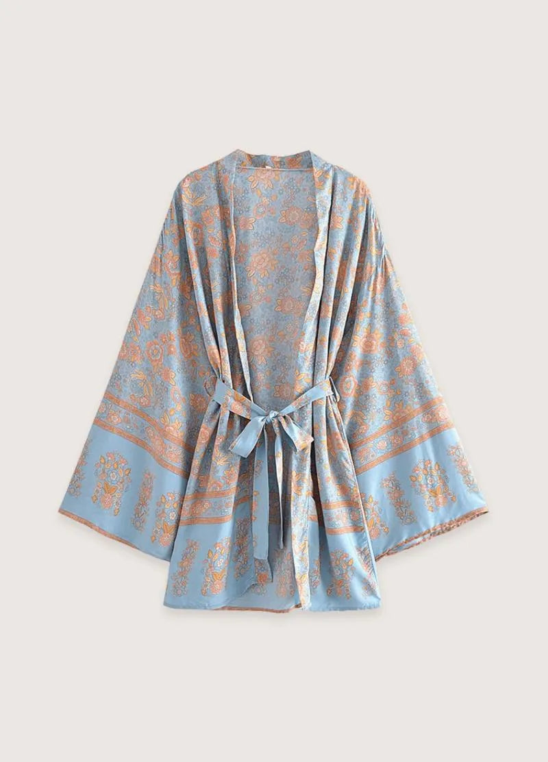 Kimono fleuri court bleu - Élégance japonaise-Kimikono