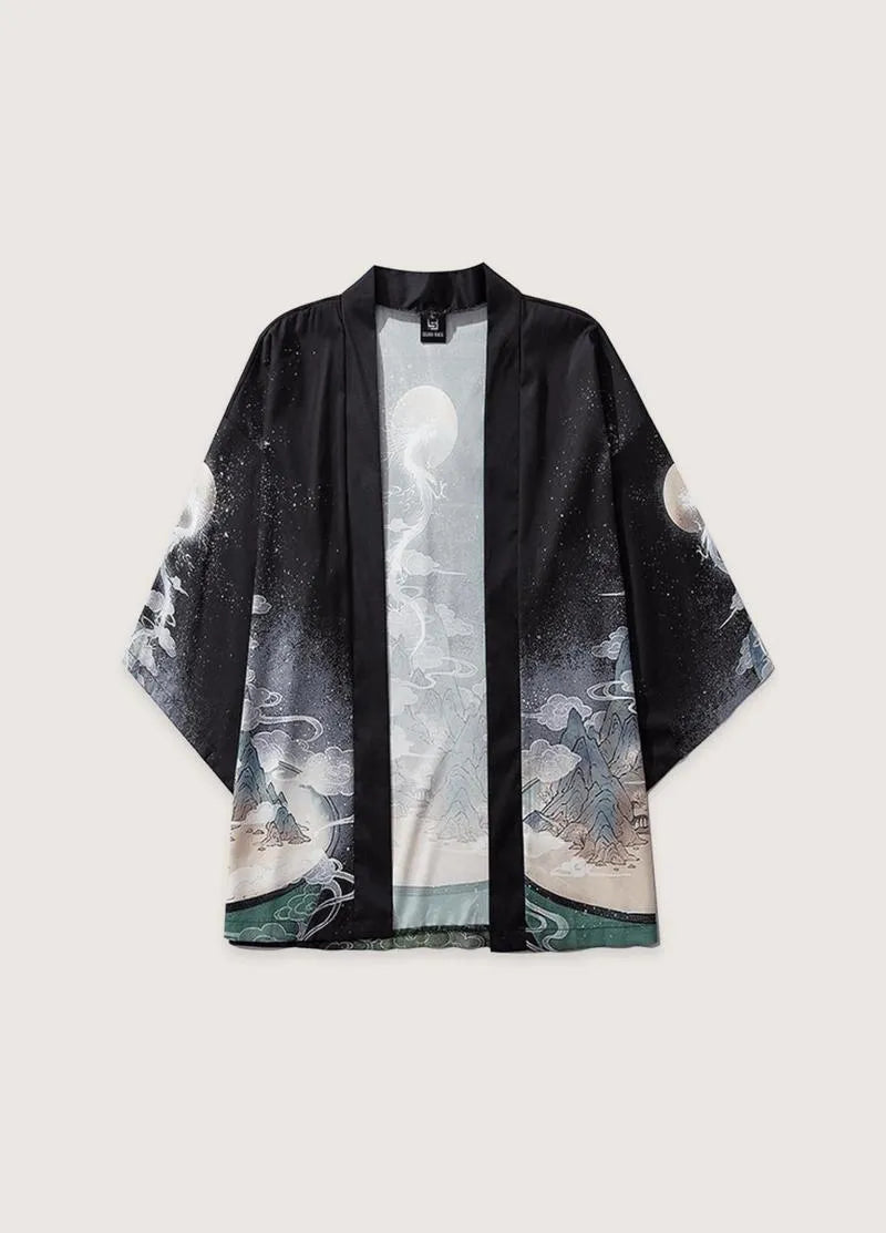 Kimono japonais homme lune - Élégance noire étoilée-Kimikono