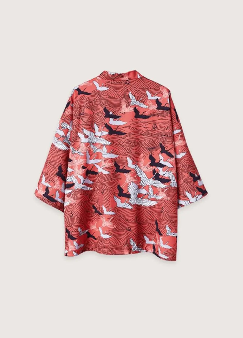 Kimono japonais traditionnel grues - Soie rouge élégante-Kimikono