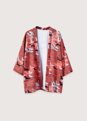 Kimono japonais traditionnel grues - Soie rouge élégante-Kimikono