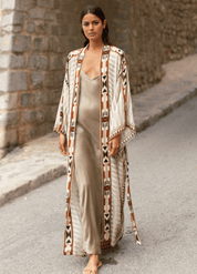 Kimono long coton ethnique beige | Toraibaru