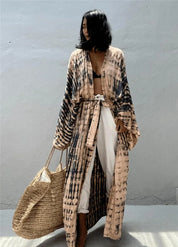 Kimono long beige - Bohème tie-dye femme-Kimikono