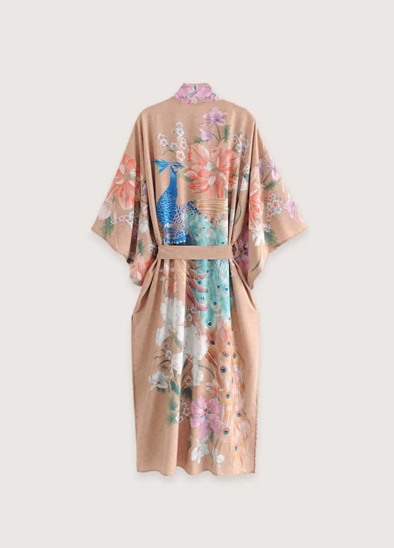 Kimono long beige traditionnel - Motifs floraux femme-Kimikono