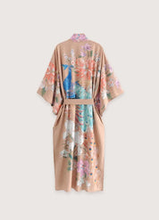 Kimono long beige traditionnel - Motifs floraux femme-Kimikono