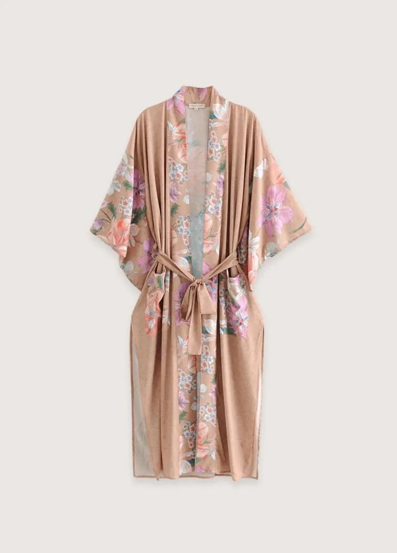 Kimono long beige traditionnel - Motifs floraux femme-Kimikono