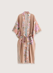 Kimono long beige traditionnel - Motifs floraux femme-Kimikono