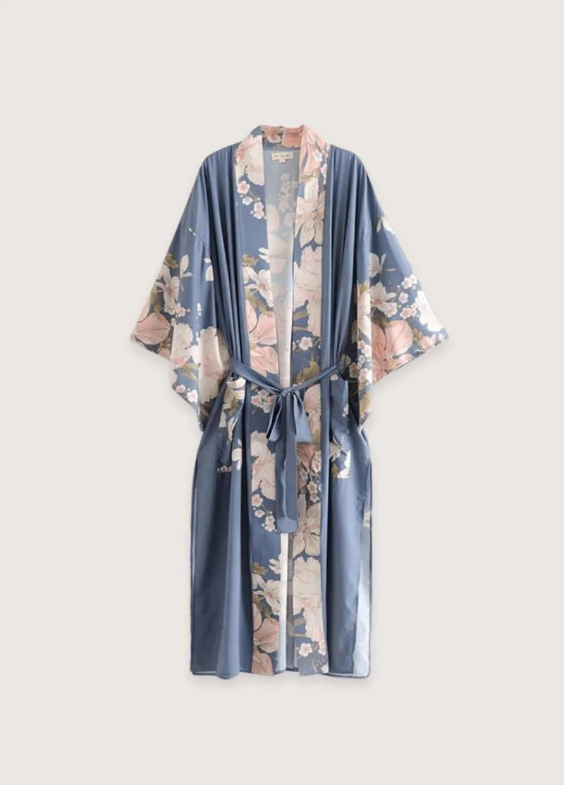 Kimono long bleu - Élégance florale authentique-Kimikono