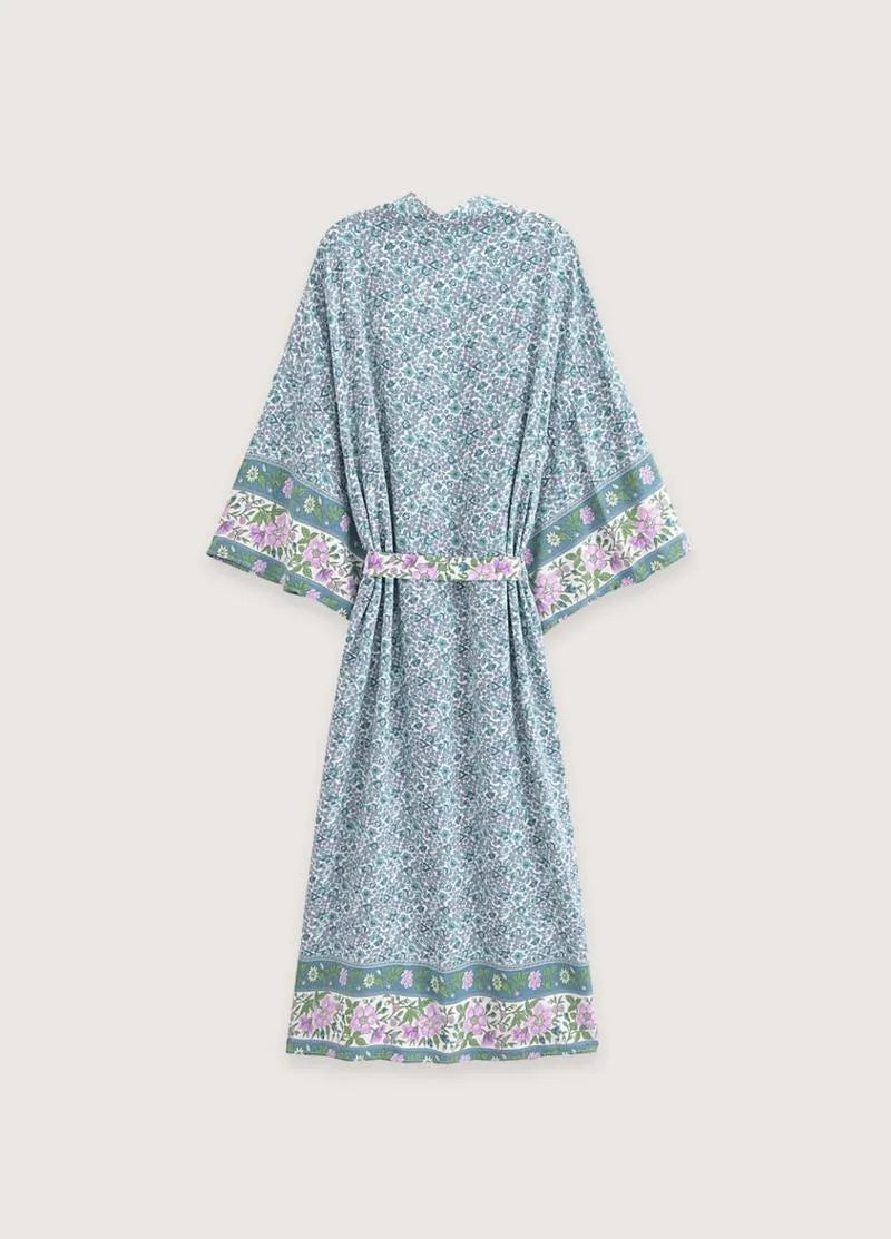 Kimono long bleu floral - Élégance japonaise-Kimikono