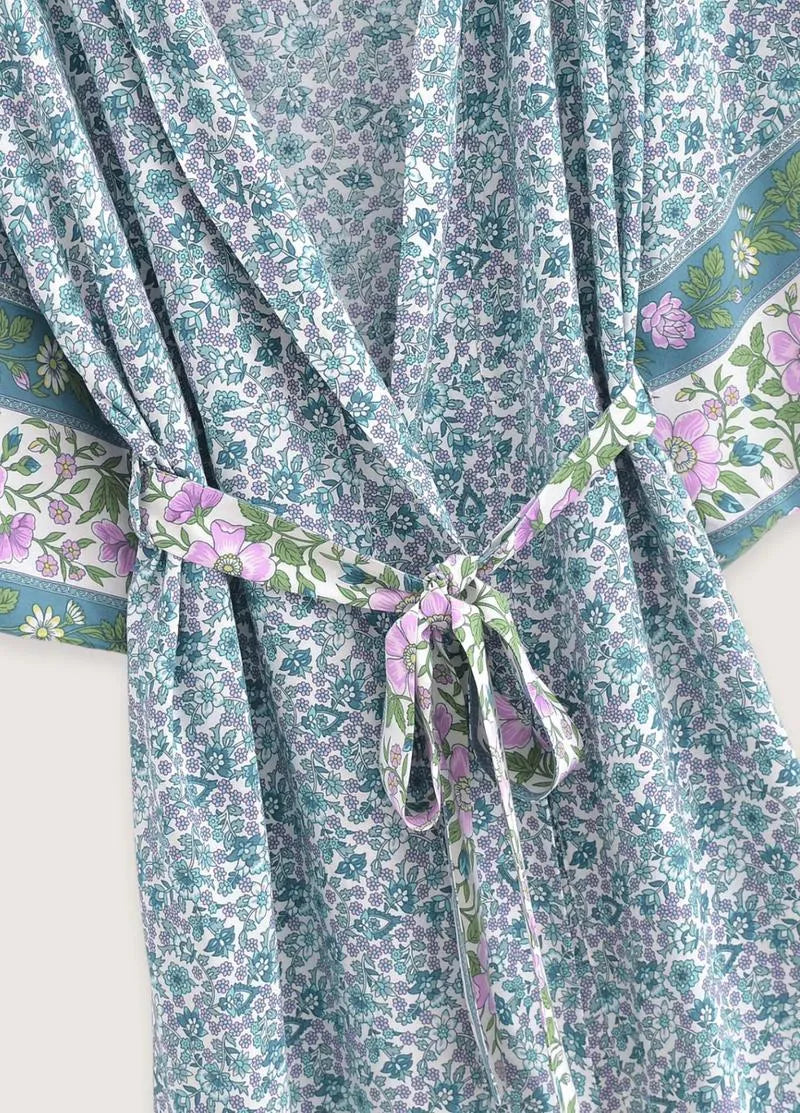 Kimono long bleu floral - Élégance japonaise-Kimikono