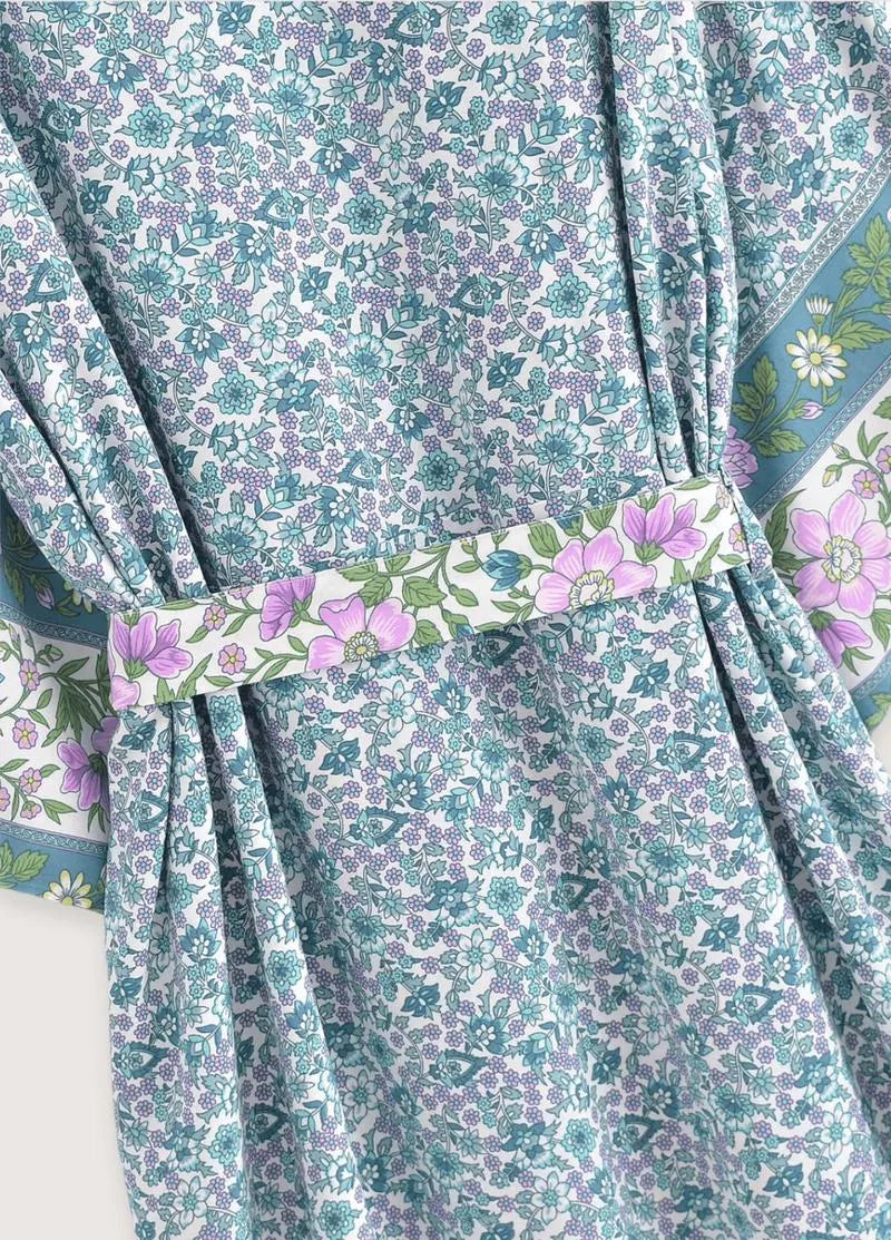 Kimono long bleu floral - Élégance japonaise-Kimikono