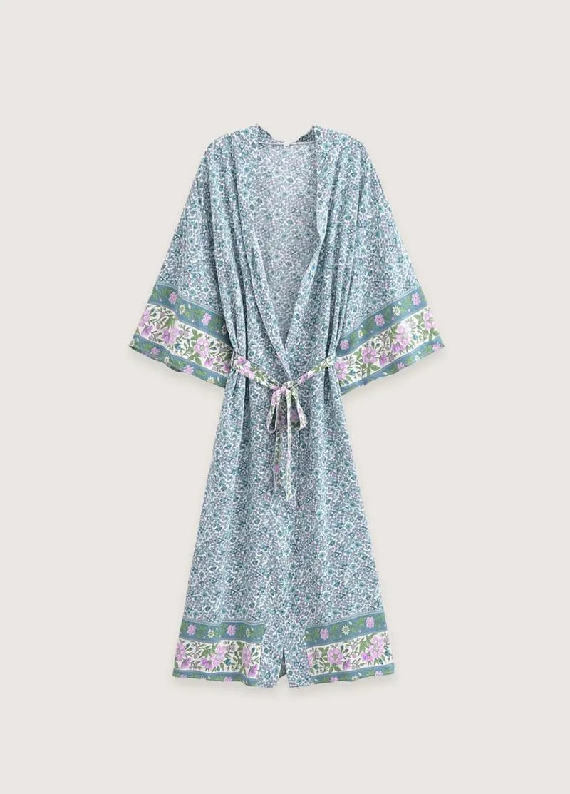 Kimono long bleu floral - Élégance japonaise-Kimikono
