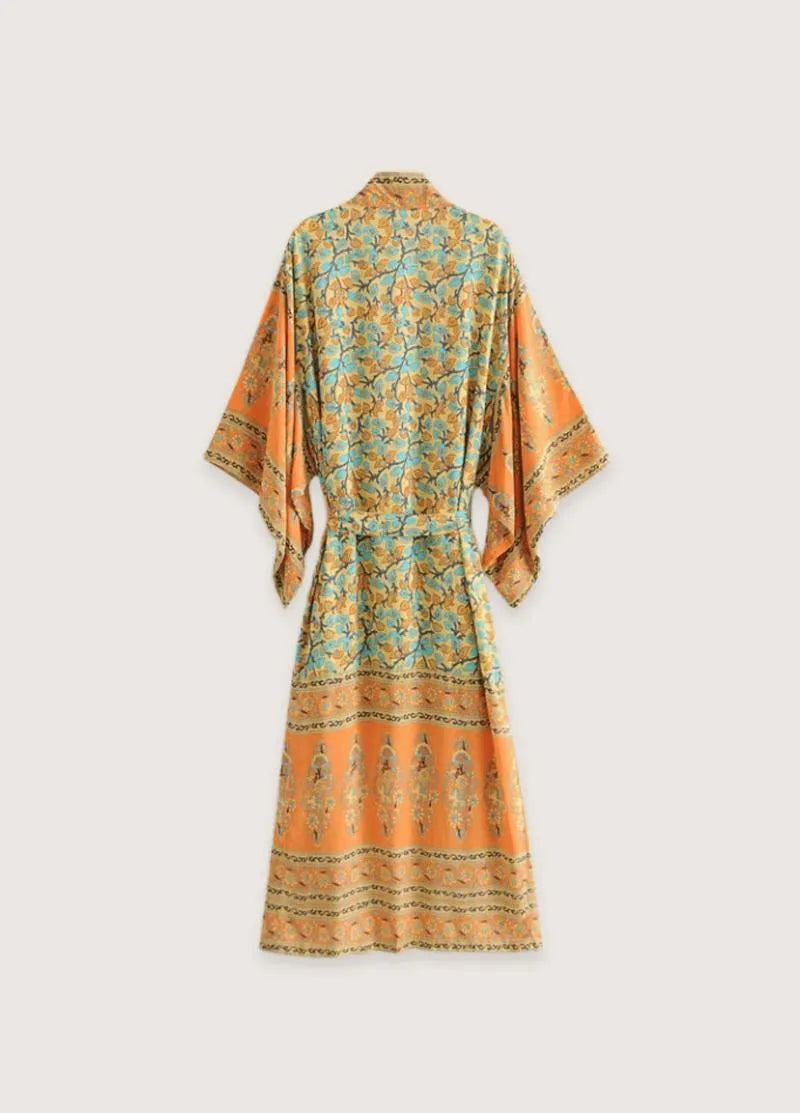 Kimono long bohème orange vert - Style élégant-Kimikono