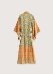 Kimono long bohème orange vert - Style élégant-Kimikono
