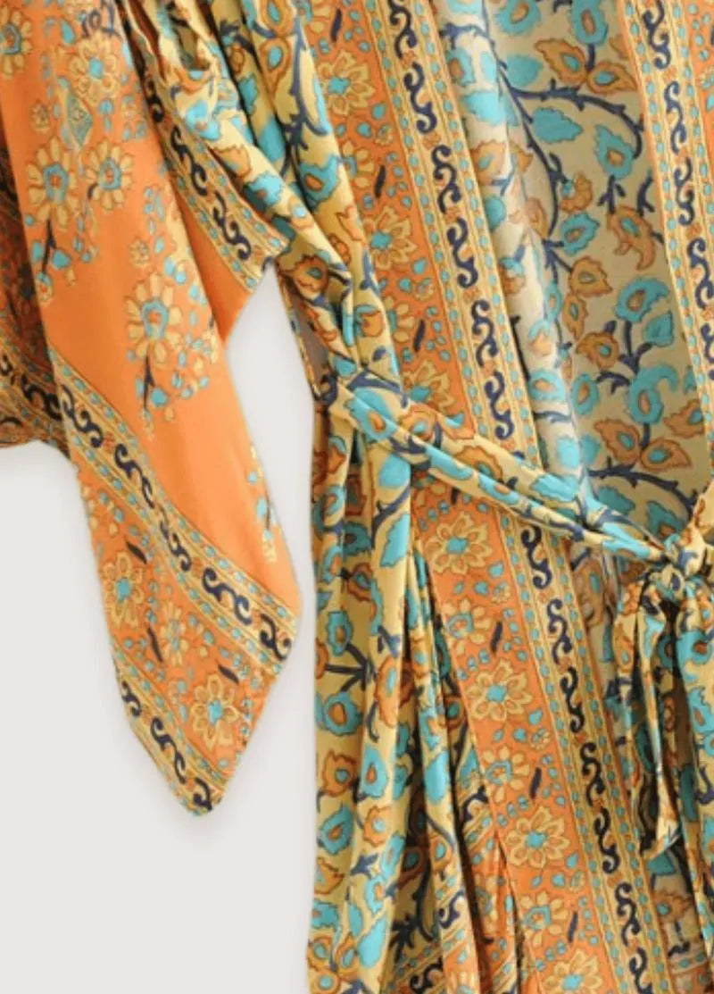 Kimono long bohème orange vert - Style élégant-Kimikono