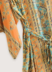 Kimono long bohème orange vert - Style élégant-Kimikono