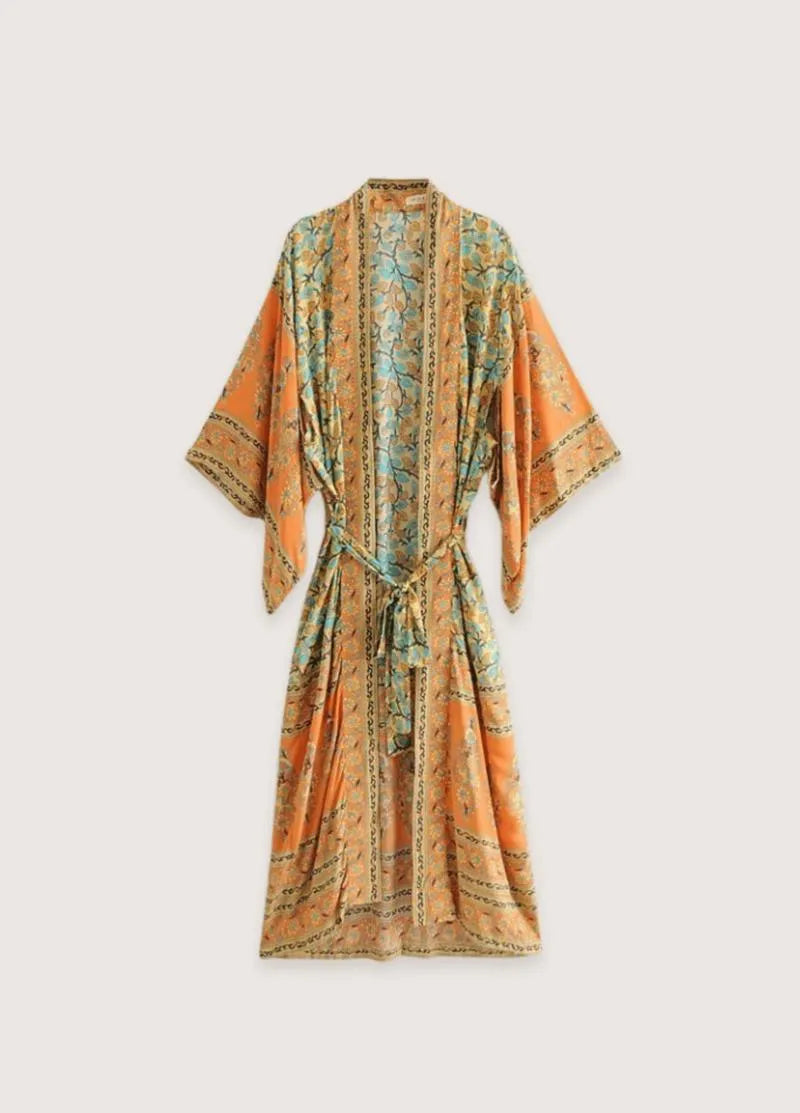 Kimono long bohème orange vert - Style élégant-Kimikono