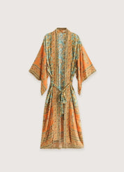 Kimono long bohème orange vert - Style élégant-Kimikono