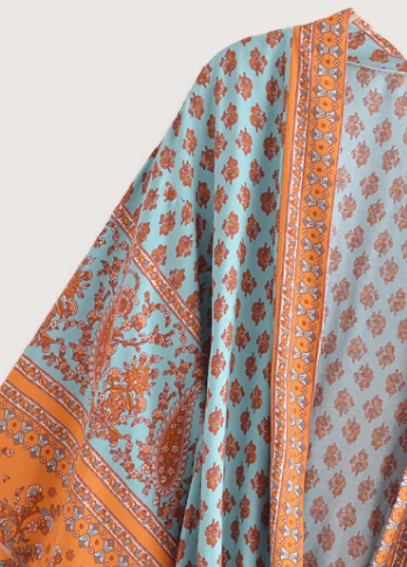 Kimono long bohème turquoise - Élégance moderne-Kimikono