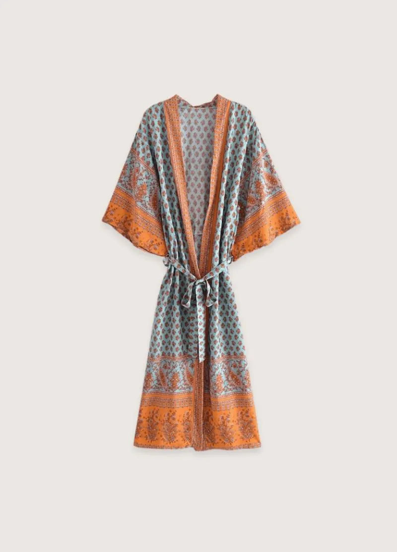 Kimono long bohème turquoise - Élégance moderne-Kimikono