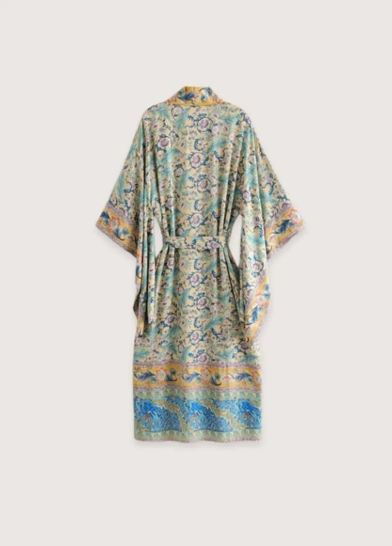 Kimono long bohème vert bleu - Élégance naturelle-Kimikono