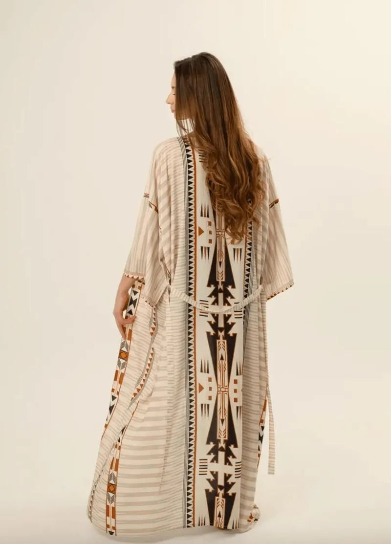 Kimono long coton ethnique beige - Bohème & chic-Kimikono