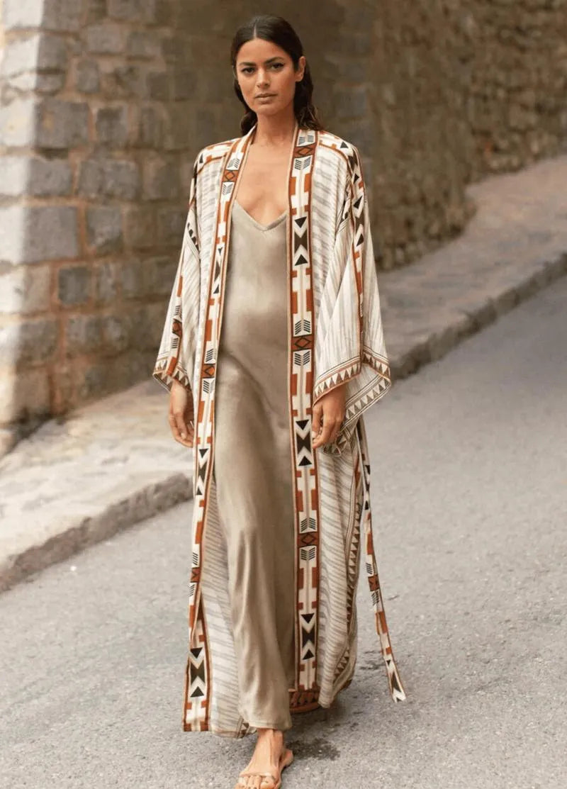 Kimono long coton ethnique beige - Bohème & chic-Kimikono