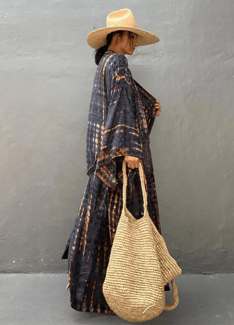 Kimono long coton gris - Bohème & confort authentique-Kimikono