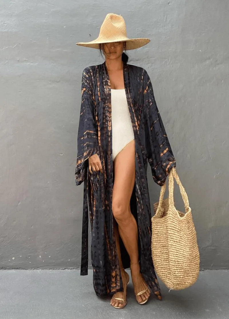 Kimono long coton gris - Bohème & confort authentique-Kimikono