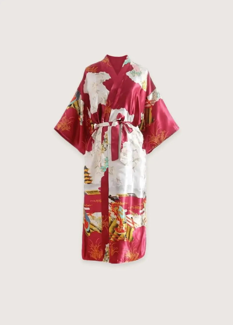 Kimono long coton rouge traditionnel - Élégance japonaise-Kimikono