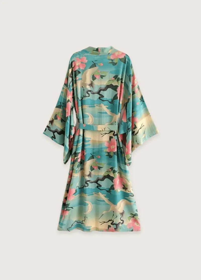 Kimono long coton tropical - Élégance florale femme-Kimikono
