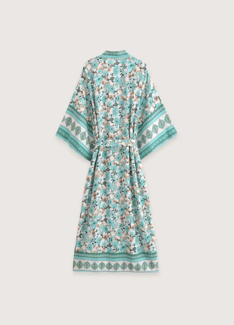 Kimono long été femme vert - Élégance florale-Kimikono