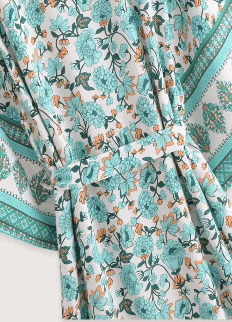 Kimono long été femme vert - Élégance florale-Kimikono