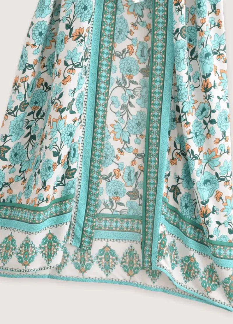 Kimono long été femme vert - Élégance florale-Kimikono