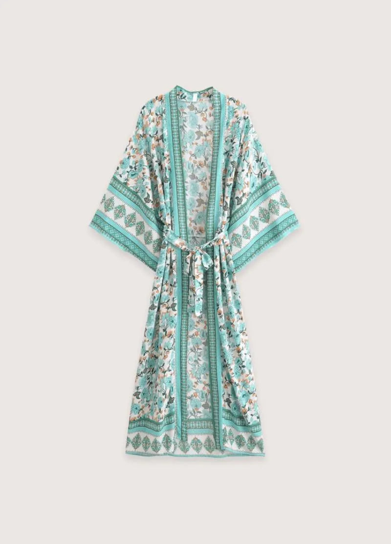 Kimono long été femme vert - Élégance florale-Kimikono