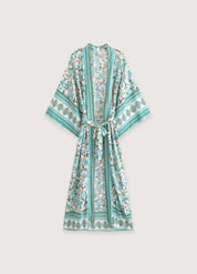 Kimono long été femme vert - Élégance florale-Kimikono