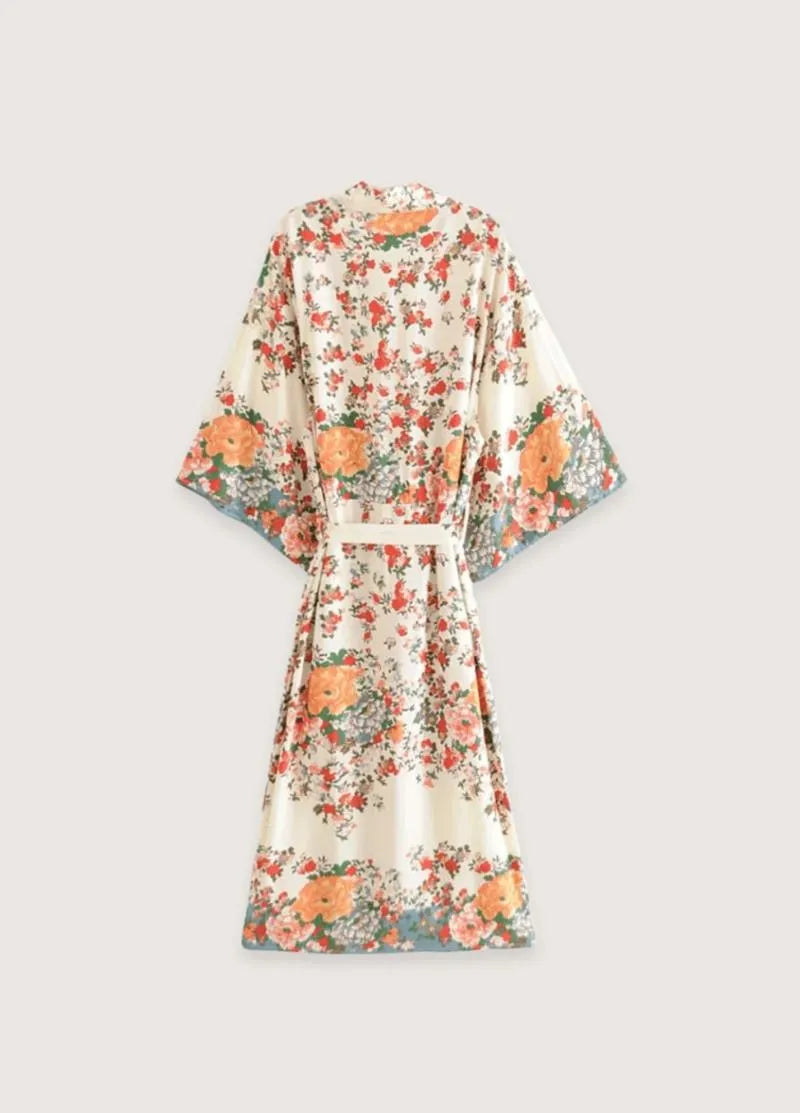 Kimono long femme bohème beige - Élégance florale-Kimikono