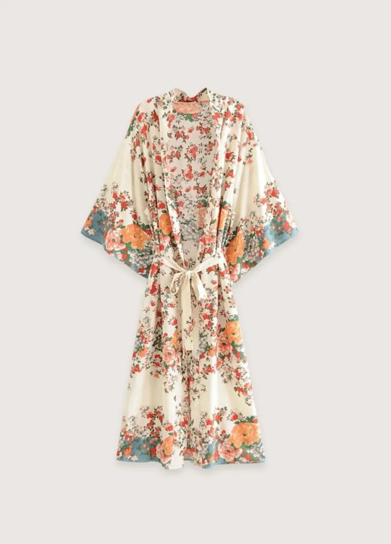 Kimono long femme bohème beige - Élégance florale-Kimikono